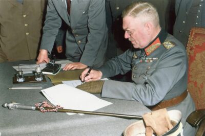 Field Marshal Wilhelm Keitel signs the Act of Military Surrender in Berlin (8 May 1945).